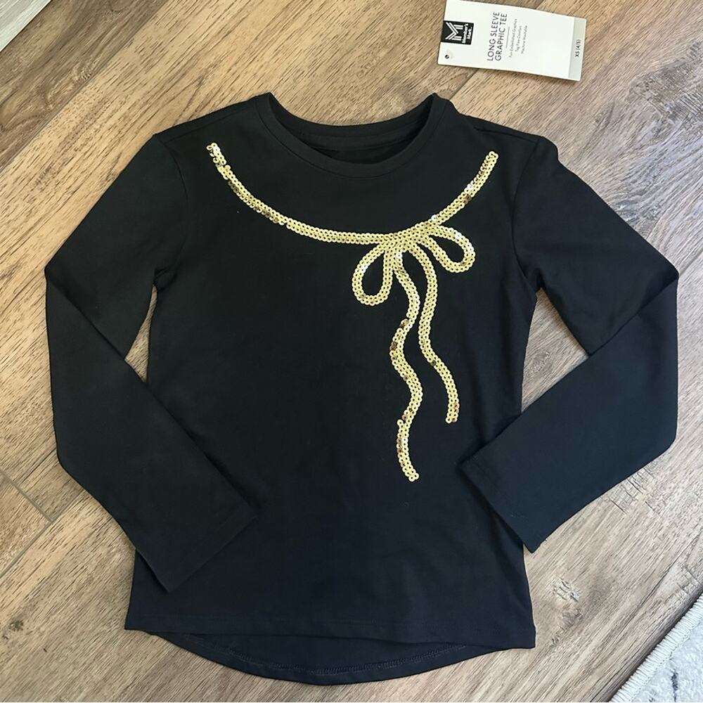 NWT!! Girl’s Member’s Mark Sequined Long Sleeve Tee, Black and Gold, Bow, XS 4/5